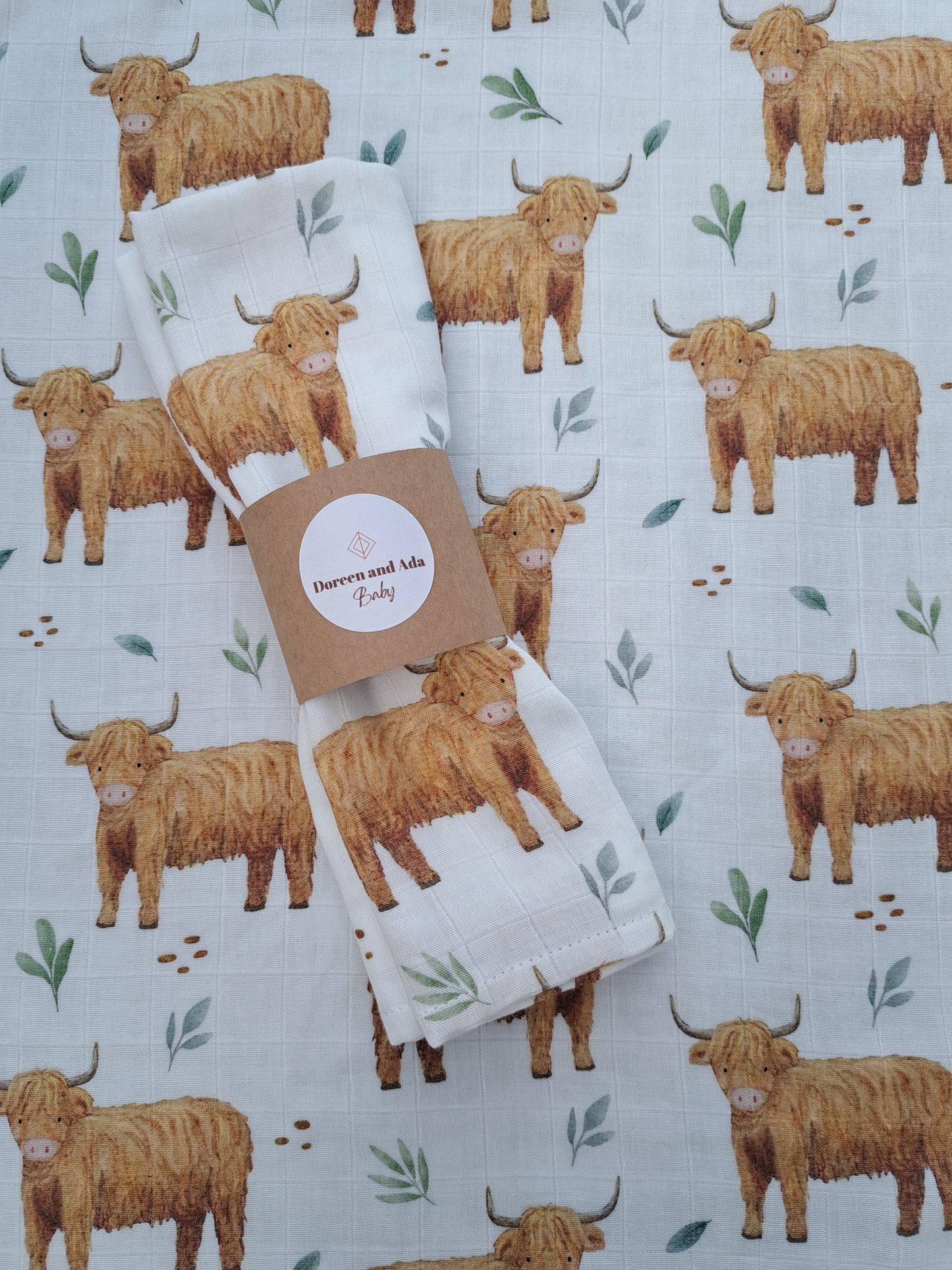 Soft organic cotton highland cow print muslin