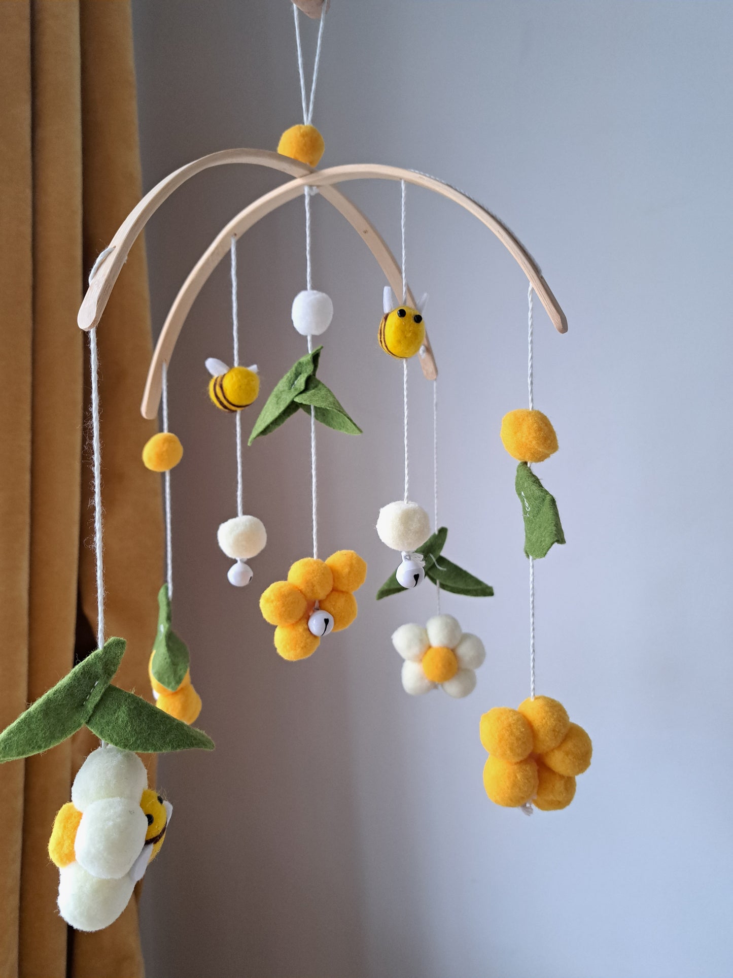 Bee and Flower Cot Mobile lifestyle – bee and flower nursery mobile above cot, beautiful baby room decoration