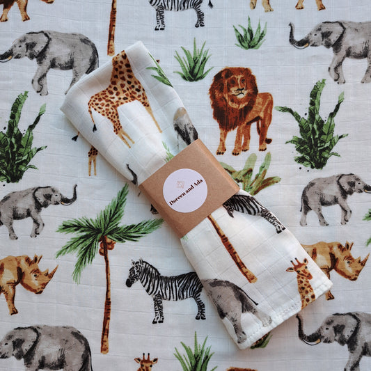 Safari Jungle Animal Kingdom Muslin Square or Swaddle by Doreen & Ada