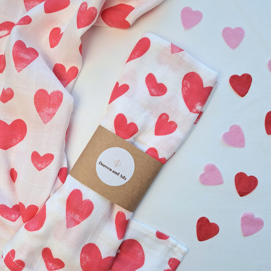 Love Heart Valentines Day Muslin Square or Large Swaddle by Doreen & Ada