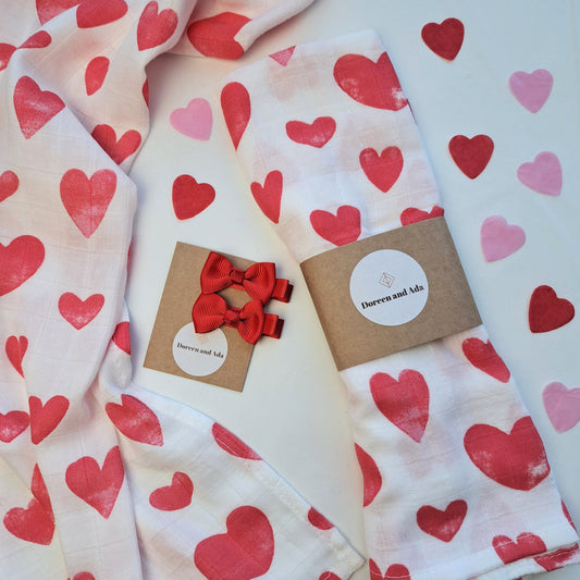 Valentines Day Muslin Square and Bow Set by Doreen & Ada