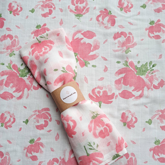Rose and Peony Pink Muslin Square by Doreen & Ada