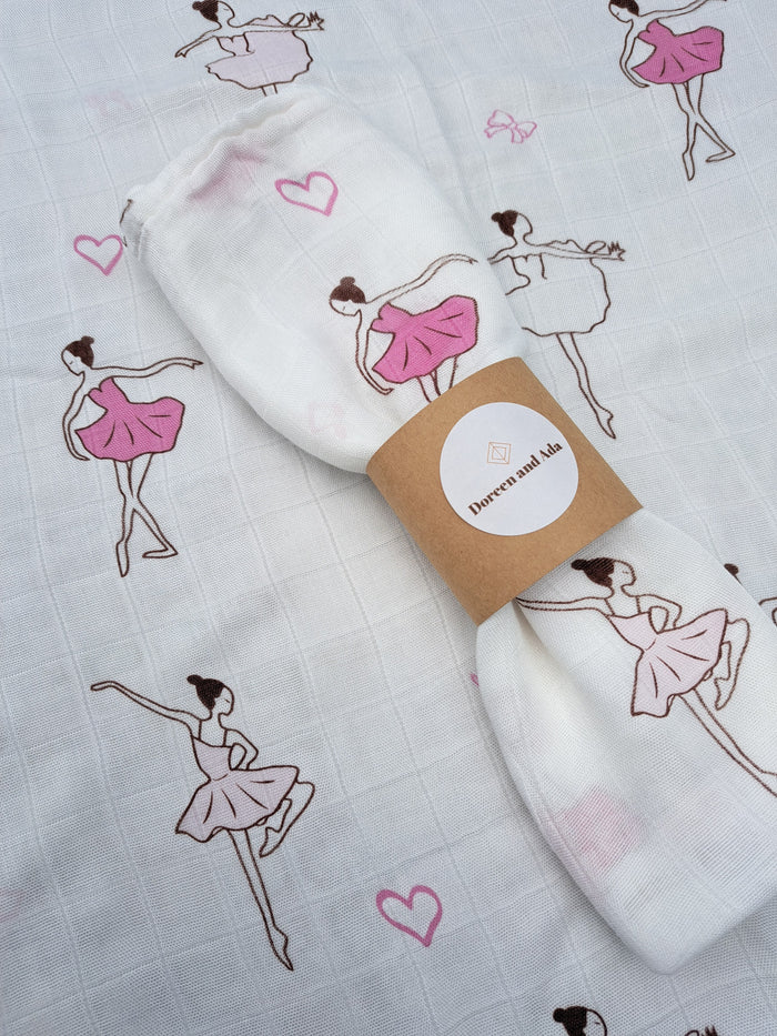 Ballerina dancer print organic cotton muslin square with ballet and tutu design