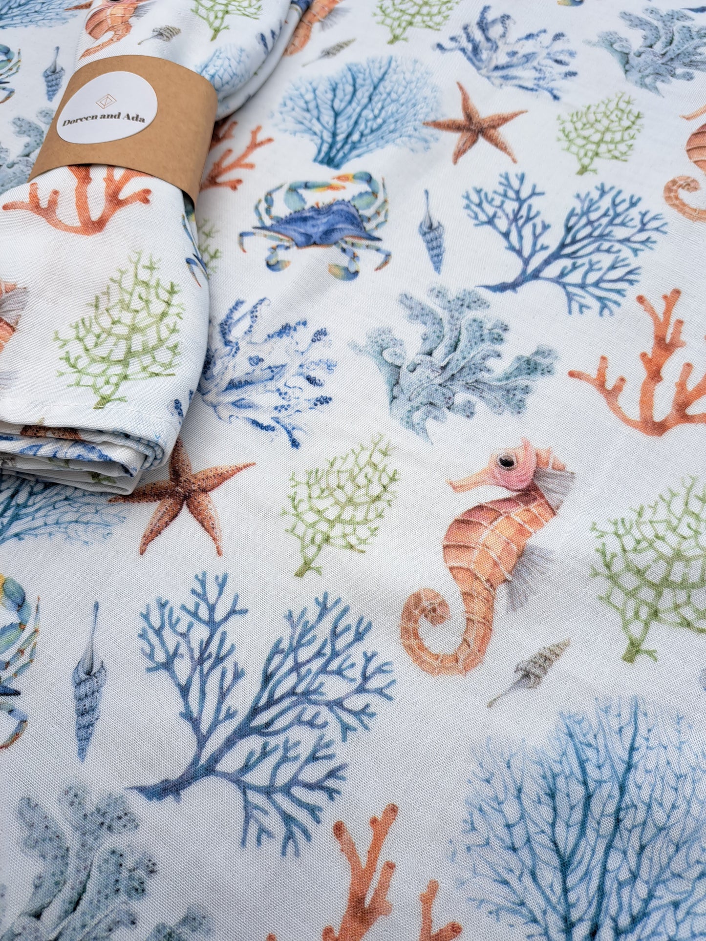 Seahorse, Crab and Coral Muslin Square or Swaddle