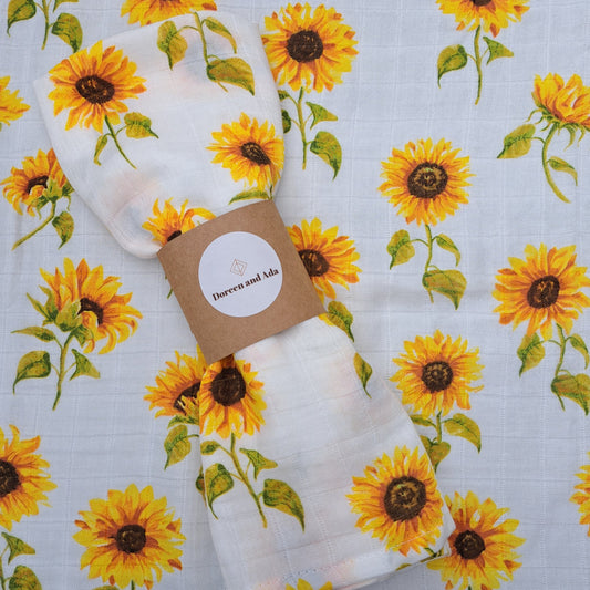 Golden Bloom Sunflower Muslin Square or Swaddle by Doreen & Ada