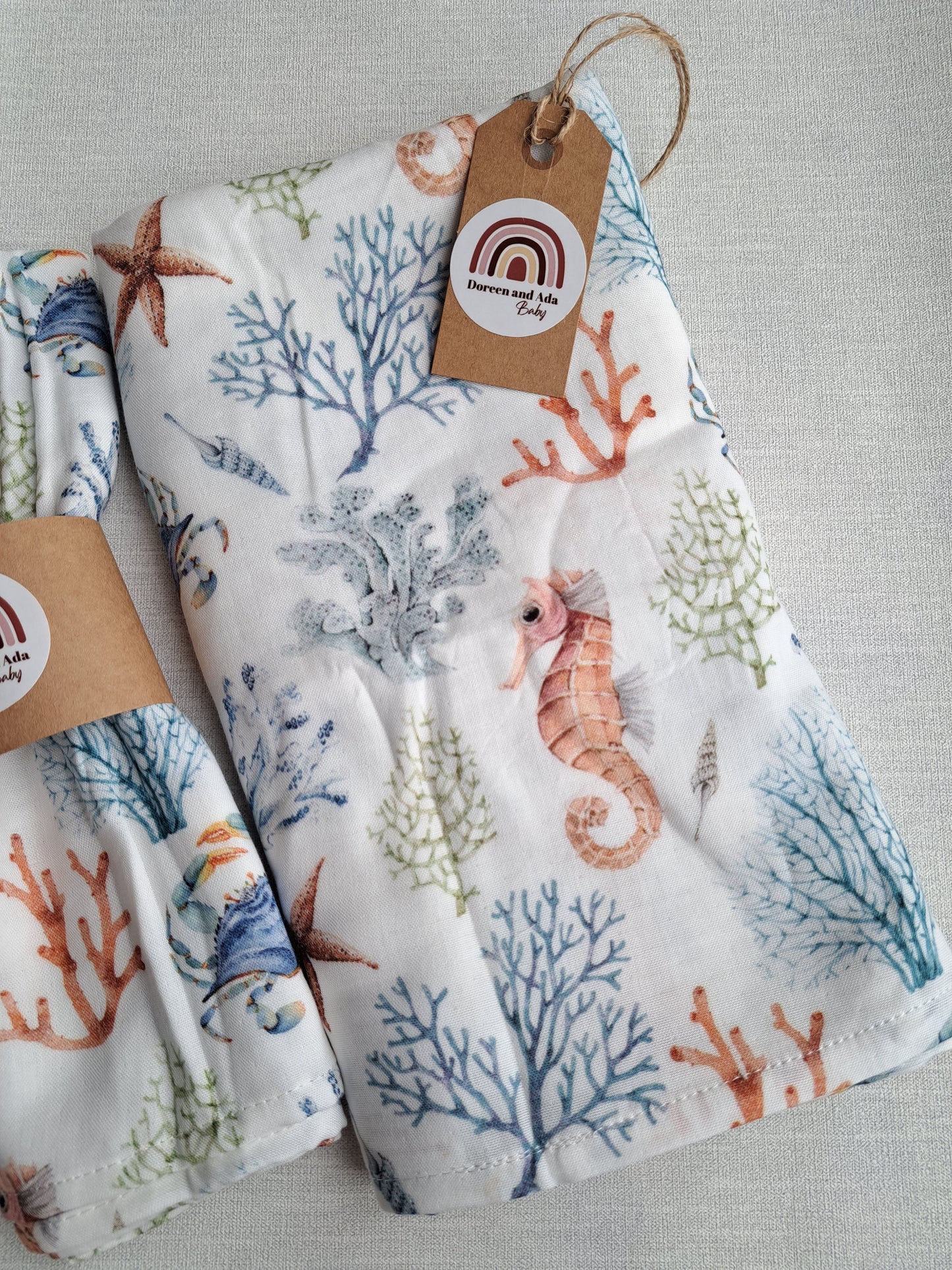 Seahorse, Crab and Coral Muslin Square or Swaddle