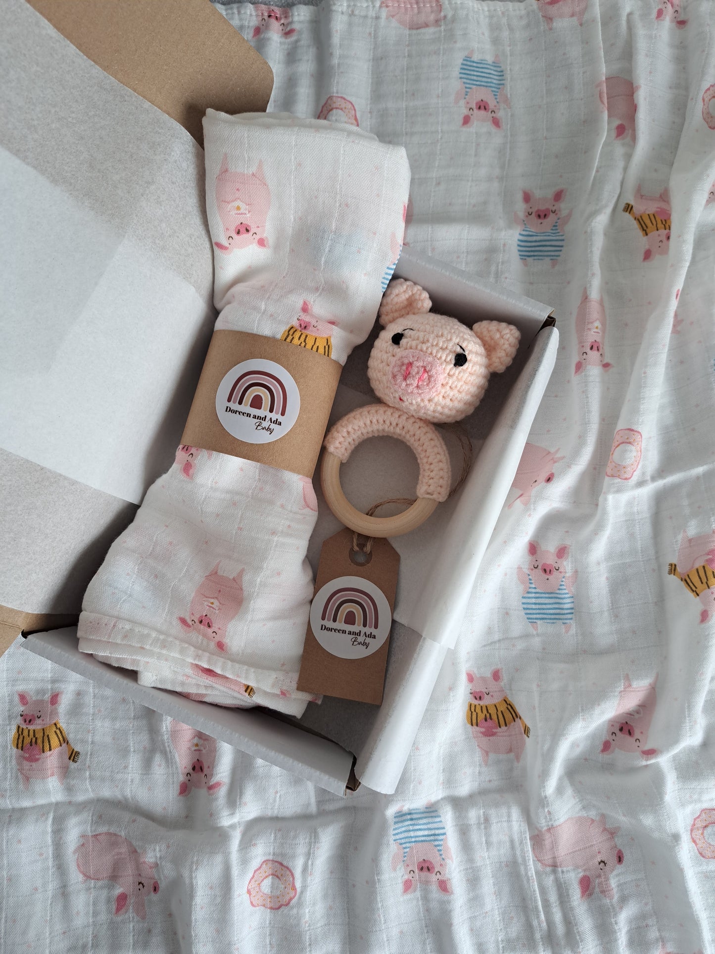 Pig Teether Rattle and Muslin Gift Set