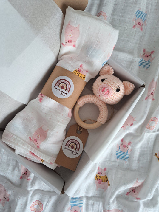 Pig Teether Rattle and Muslin Gift Set