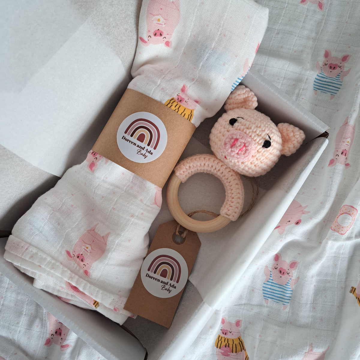 Pig Teether Rattle and Muslin Gift Set by Doreen & Ada