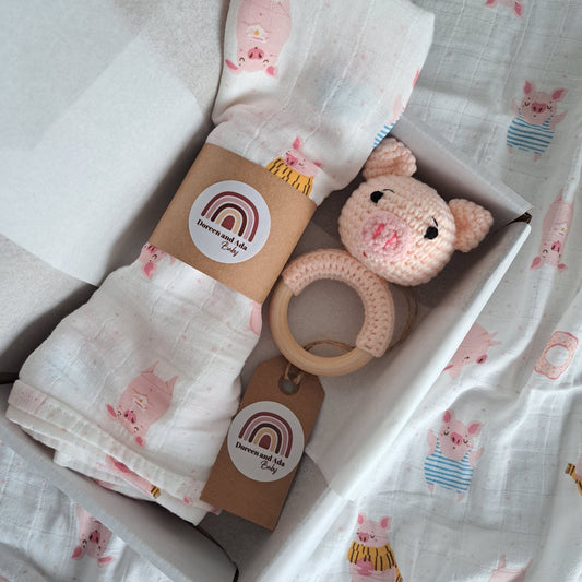 Pig Teether Rattle and Muslin Gift Set by Doreen & Ada