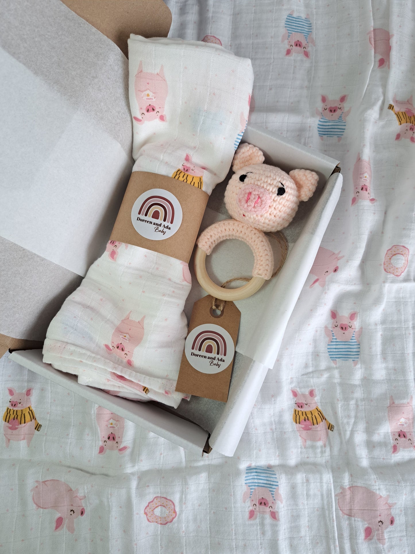 Pig Teether Rattle and Muslin Gift Set