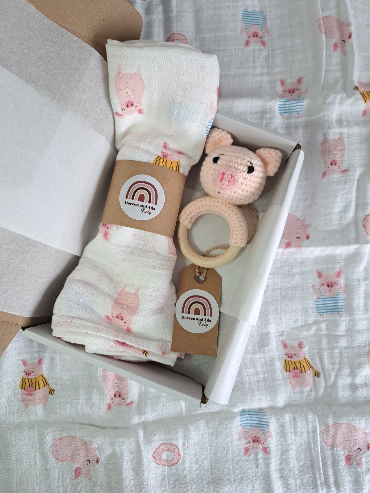 Pig Teether Rattle and Muslin Gift Set