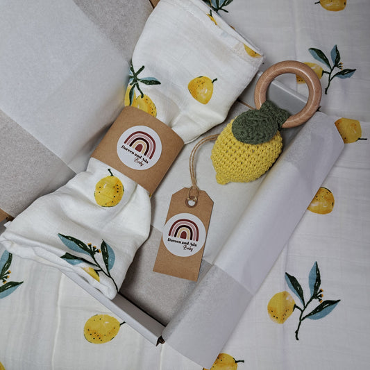 Lemon Teether Rattle and Muslin Gift Set by Doreen & Ada