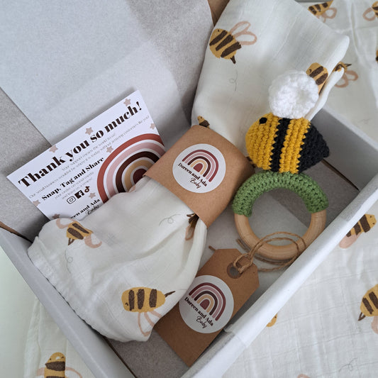 Bumblebee Teether Rattle and Muslin Gift Set by Doreen & Ada