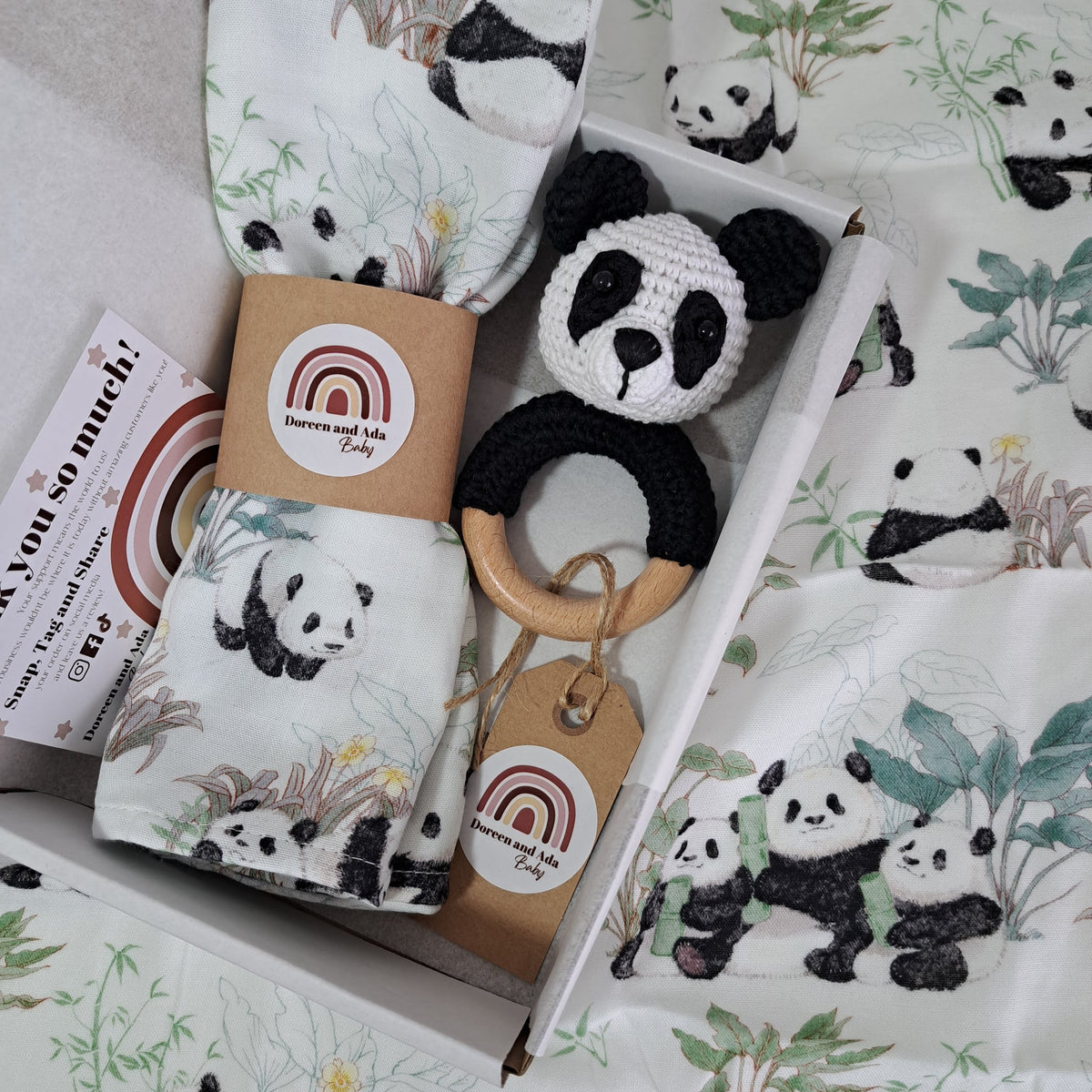 Panda Teether Rattle and Muslin Gift Set by Doreen & Ada