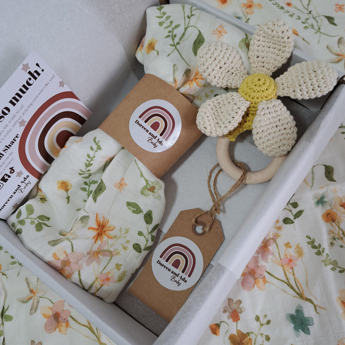 Flower Teether Rattle and Muslin Gift Set by Doreen & Ada