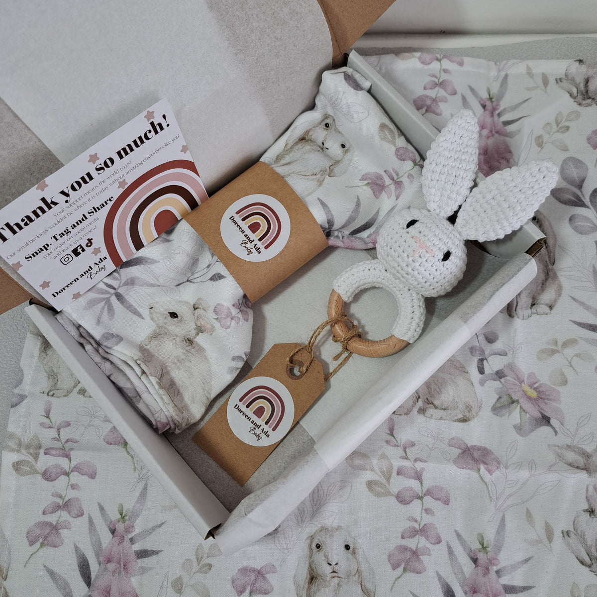 White Rabbit Rattle and Muslin Gift Set by Doreen & Ada