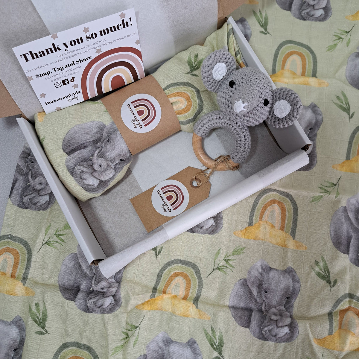 Elephant Teether Rattle and Muslin Gift Set by Doreen & Ada