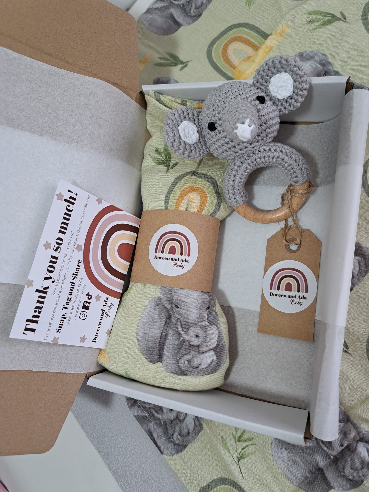 Elephant Teether Rattle and Muslin Gift Set