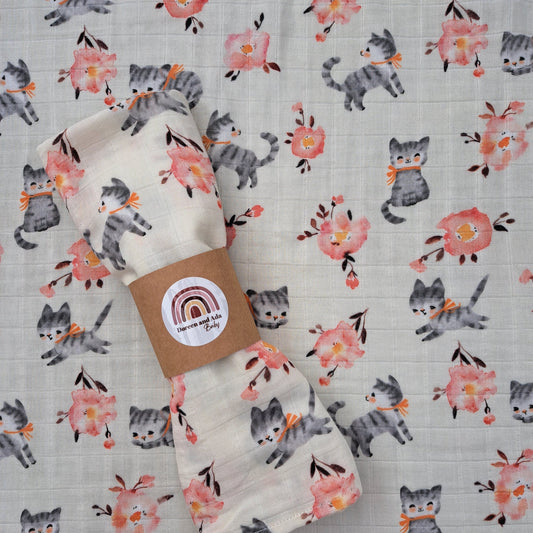 Cat and Pink Cherry Blossom Muslin Square by Doreen & Ada