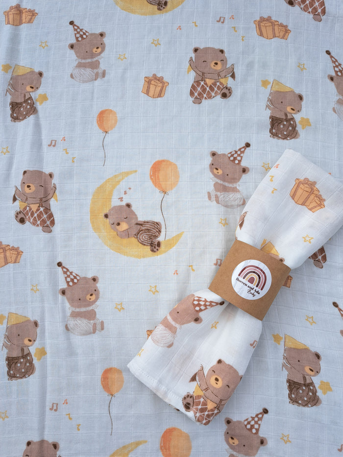 Birthday party bears print organic cotton muslin square with celebration and balloons design