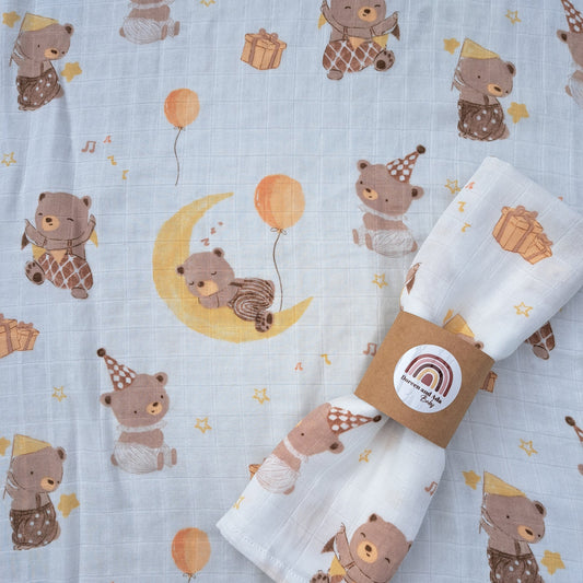 Birthday Party Bears Muslin Square by Doreen & Ada