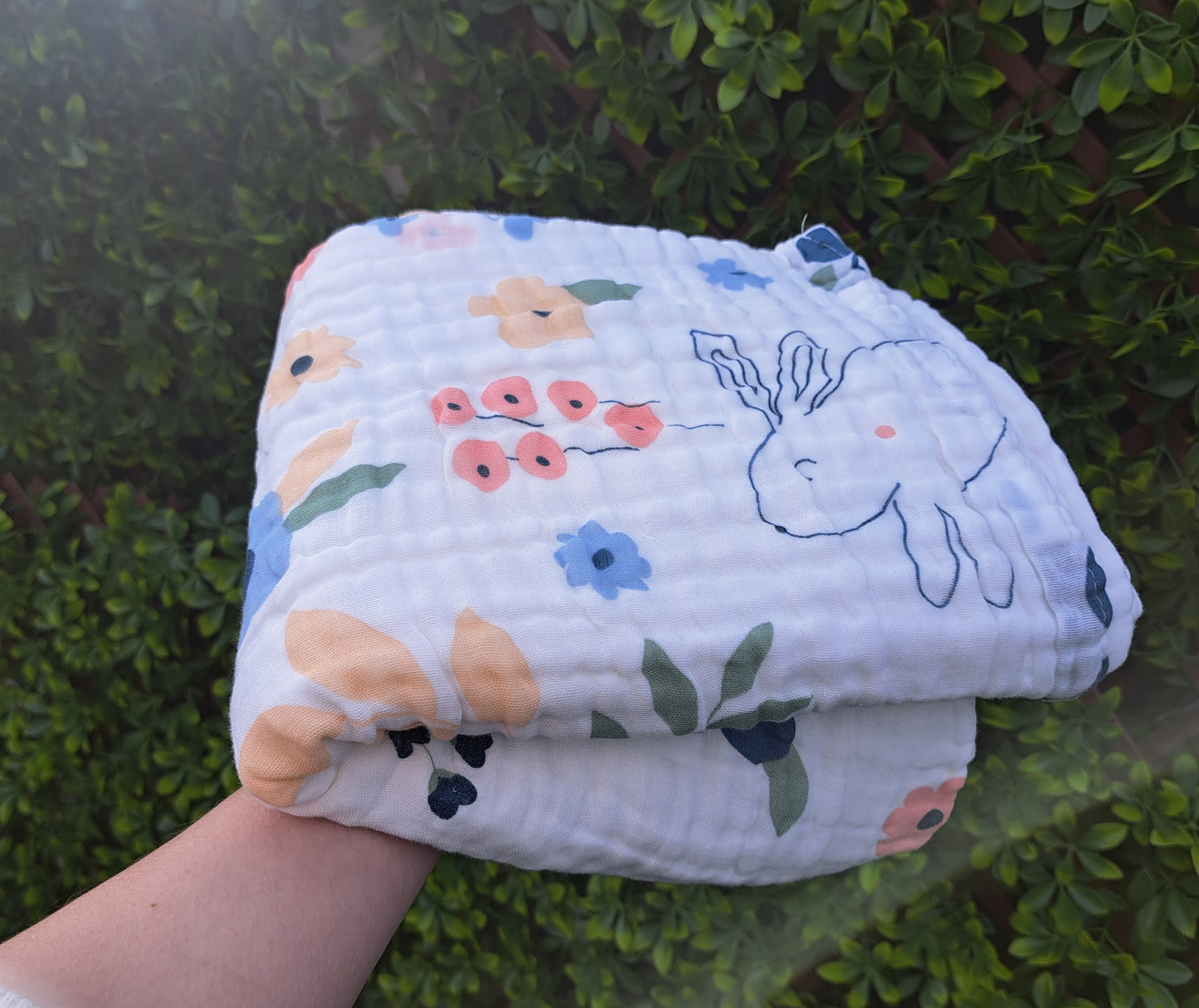 Rabbit Floral 4 Layer Muslin Pram Blanket