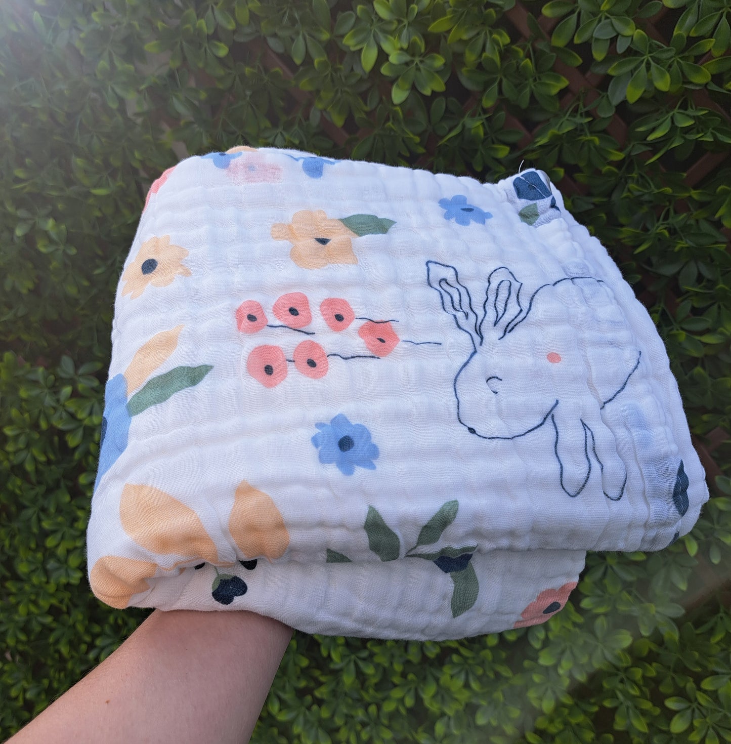 Rabbit Floral 4 Layer Muslin Pram Blanket