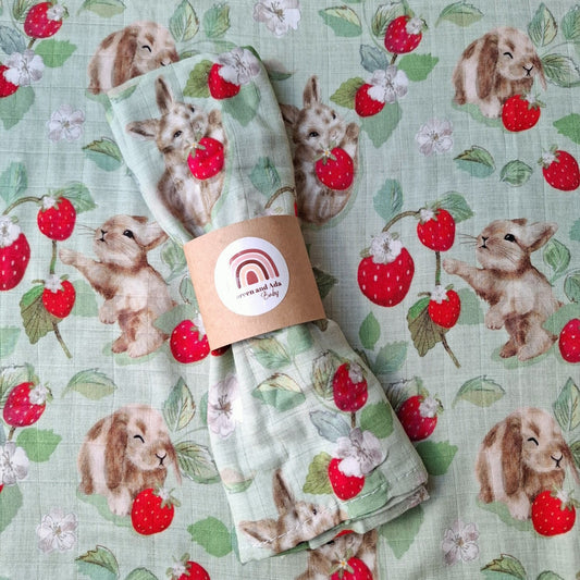 Sweet Strawberries & Bunnies Muslin Square by Doreen & Ada