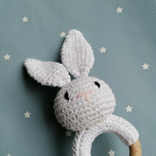 White Knitted Bunny Teether Rattle by Doreen & Ada