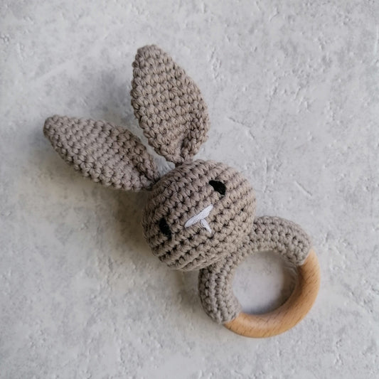 Grey Knitted Bunny Teether Rattle by Doreen & Ada