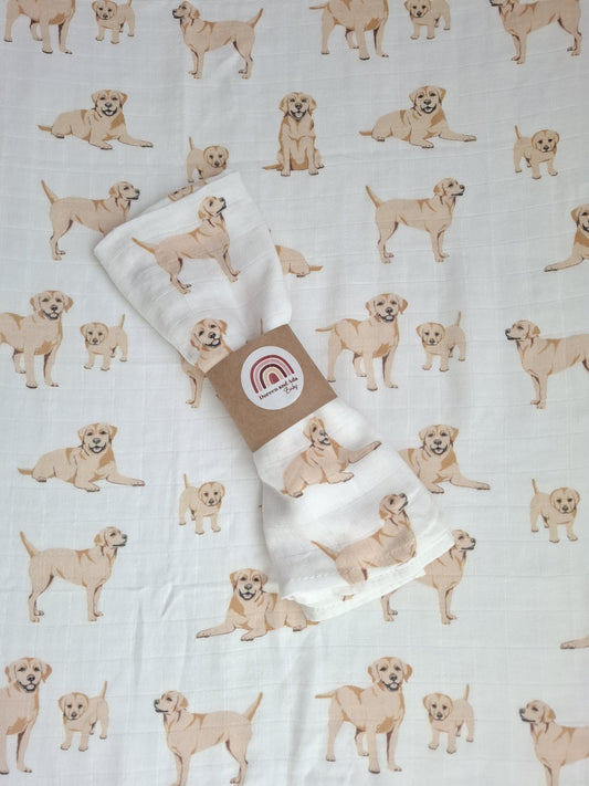 Golden labrador puppies pattern on white muslin square folded with Doreen and Ada label