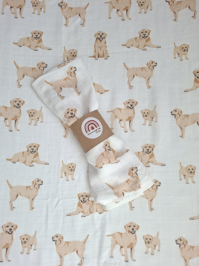 Golden labrador puppies pattern on white muslin square folded with Doreen and Ada label