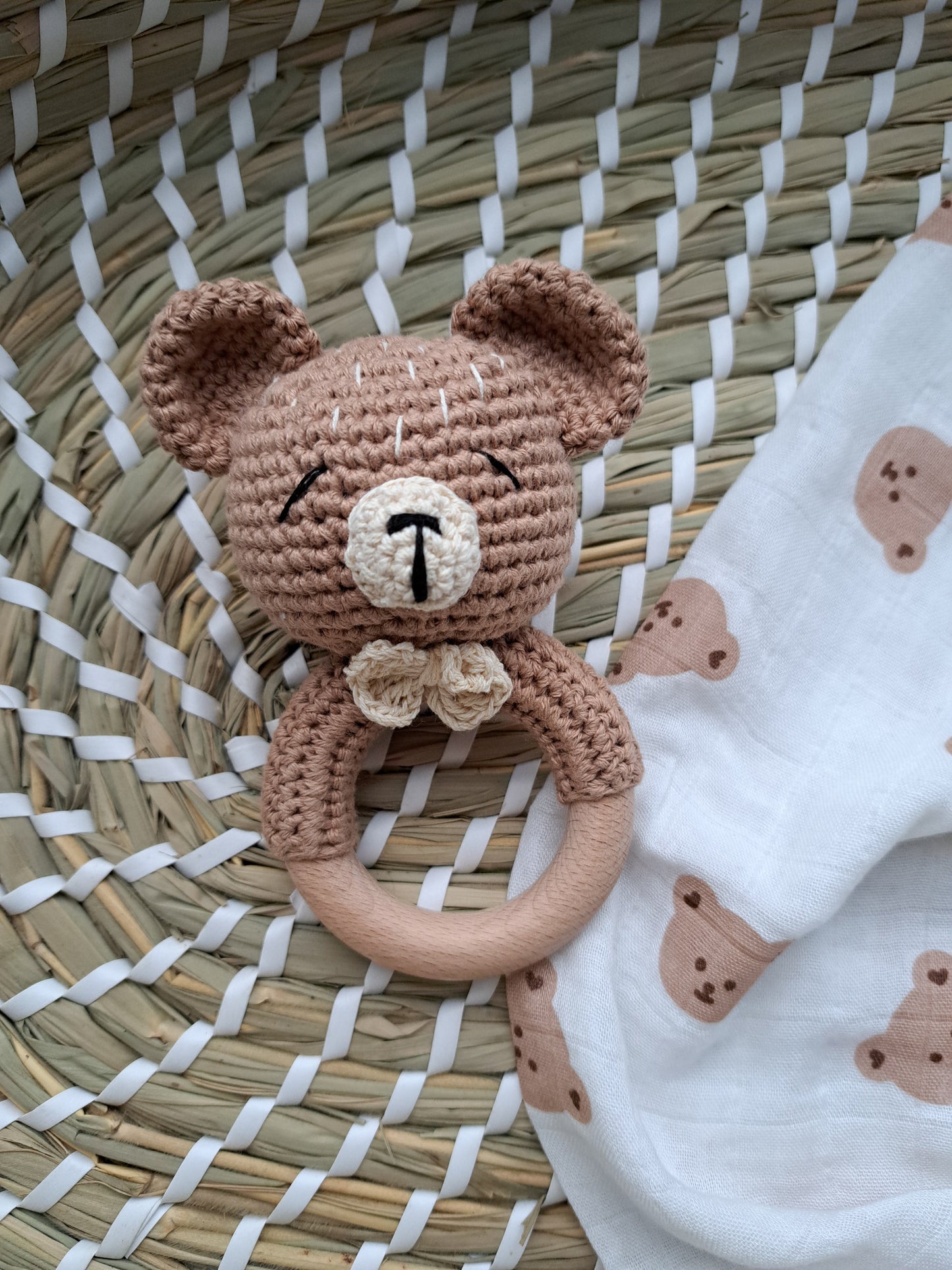 Teddy Bear Teether Rattle and Muslin Gift Set