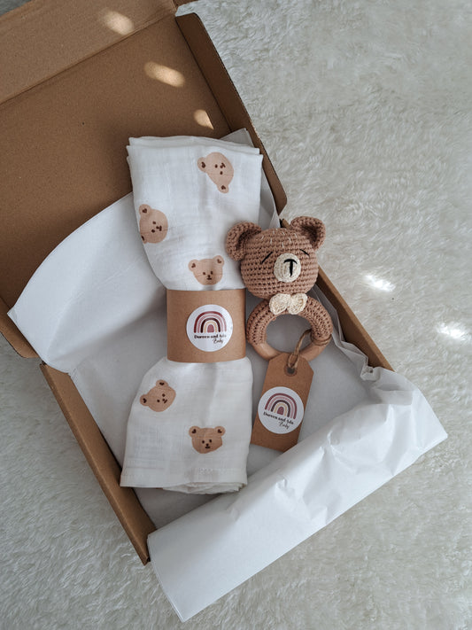 Teddy Bear Teether Rattle and Muslin Gift Set