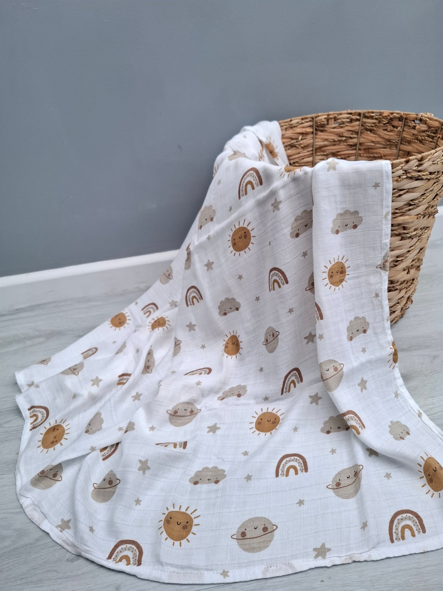 Sun, Planets and Rainbow Muslin Swaddle by Doreen and Ada