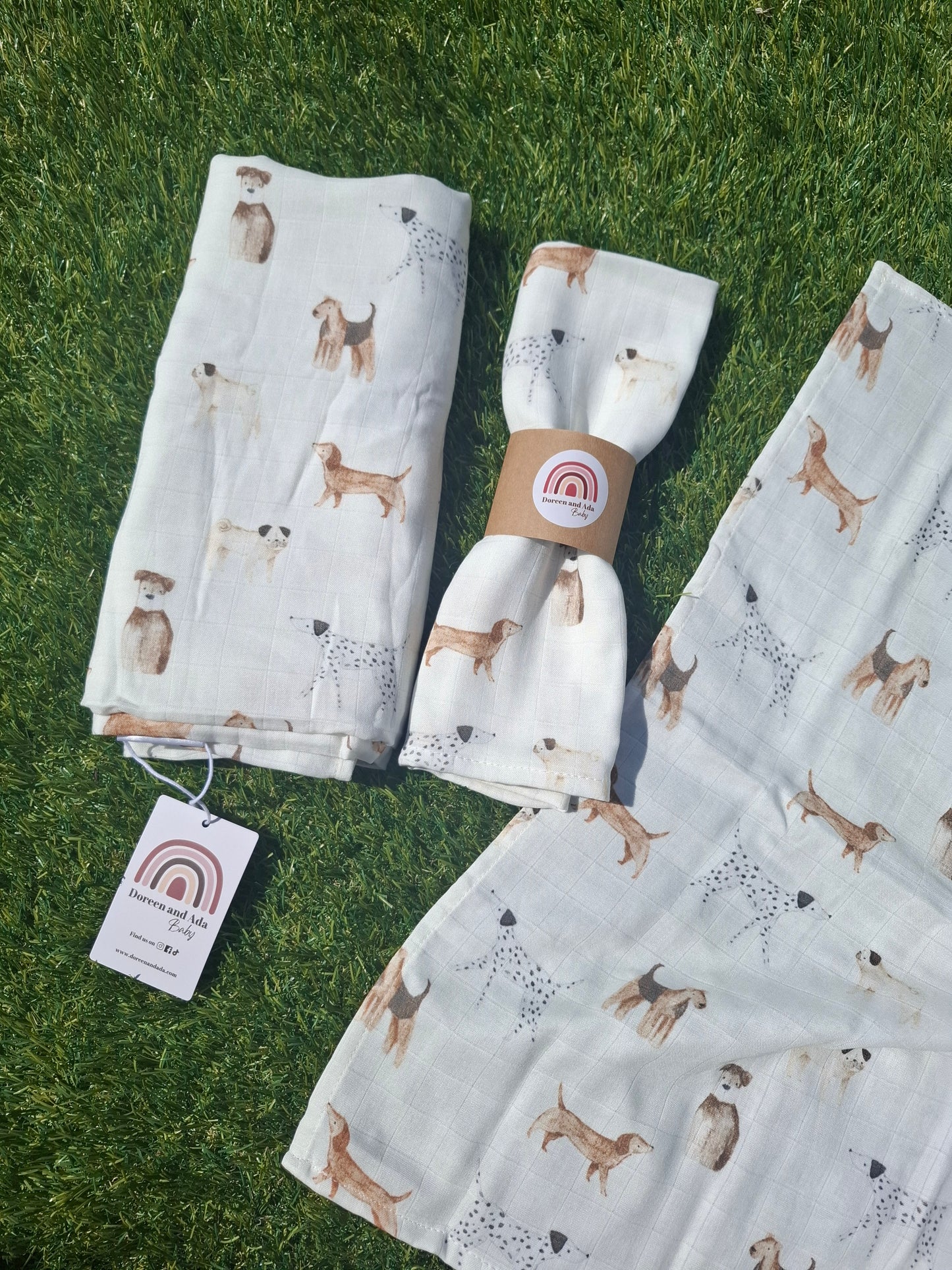 Dog print muslin square and swaddle for babies, 60x60cm or 120x120cm soft cotton, ideal baby shower gift for dog-loving families