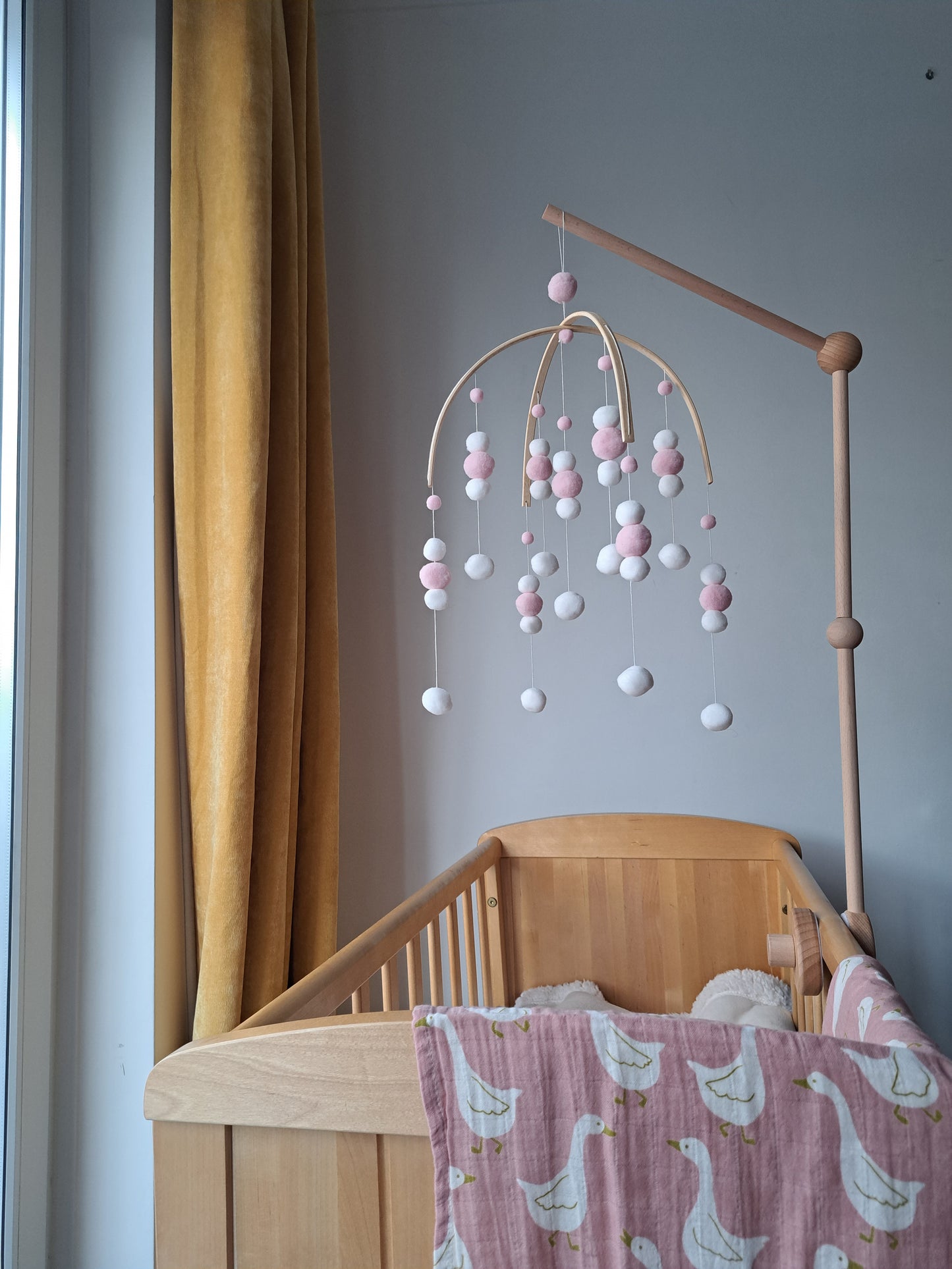 Pink and White Pom Pom Cot Mobile