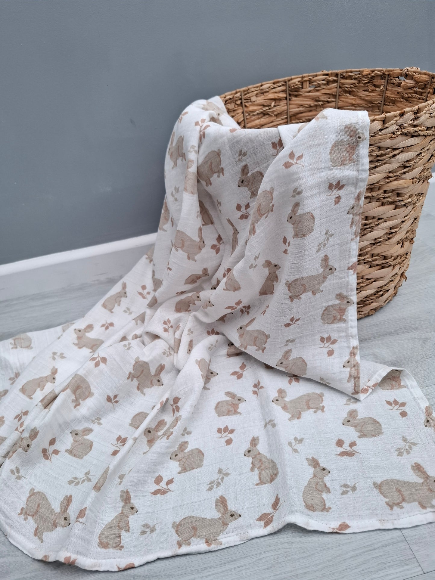 Rabbit print organic cotton muslin swaddle 120cm