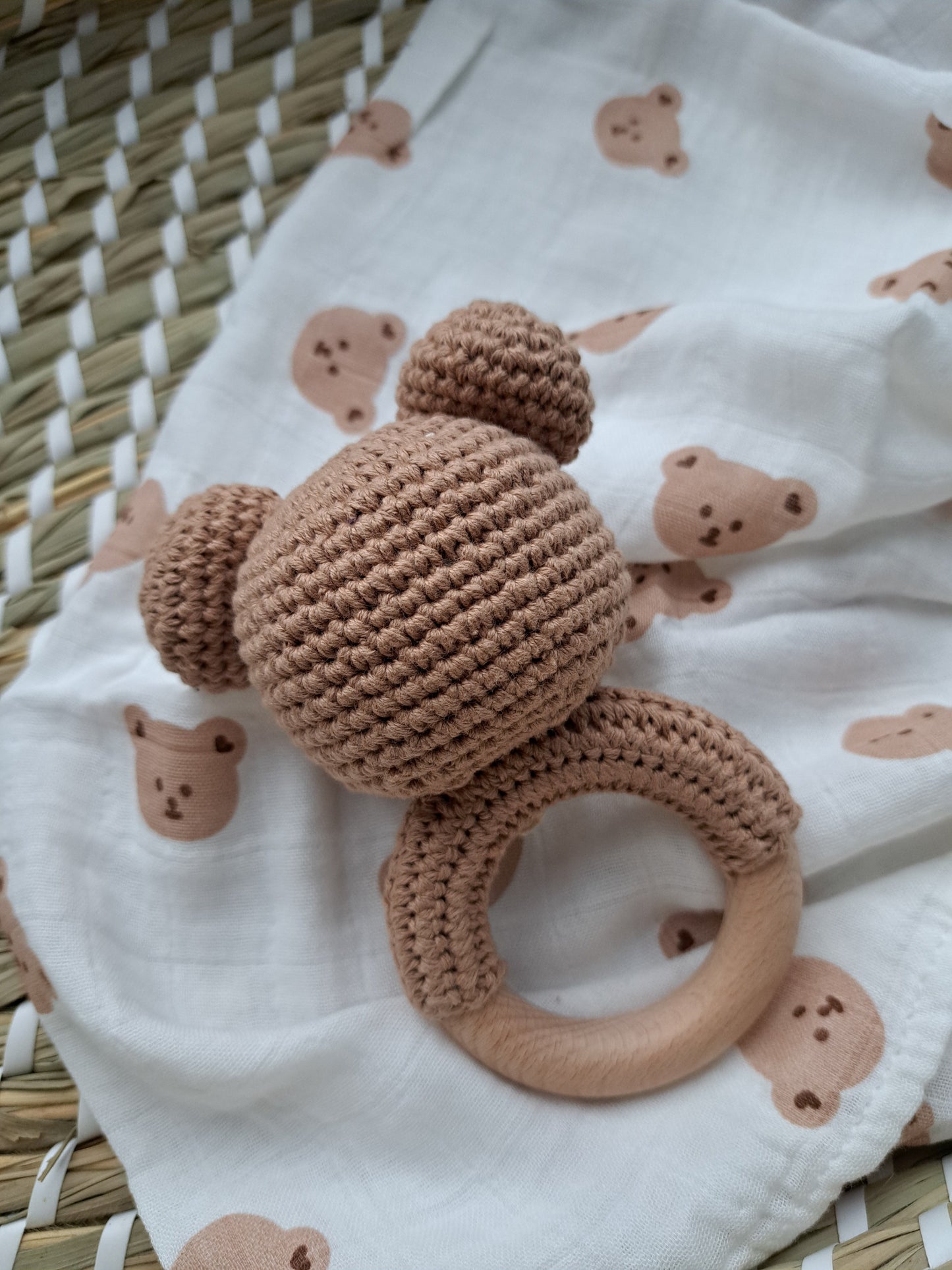 Teddy Bear Teether Rattle and Muslin Gift Set