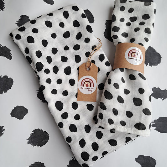 Dalmatian Dotty Spotty Design Muslin Square or Swaddle by Doreen & Ada