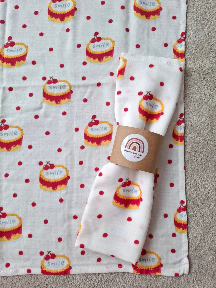 Cherry on Top Muslin Square – soft cotton baby muslin with cherry cake and polka dot print, 60x60cm