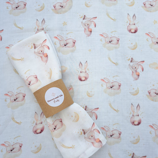 Sleeping Rabbit Bunny and Clouds Muslin Square by Doreen & Ada