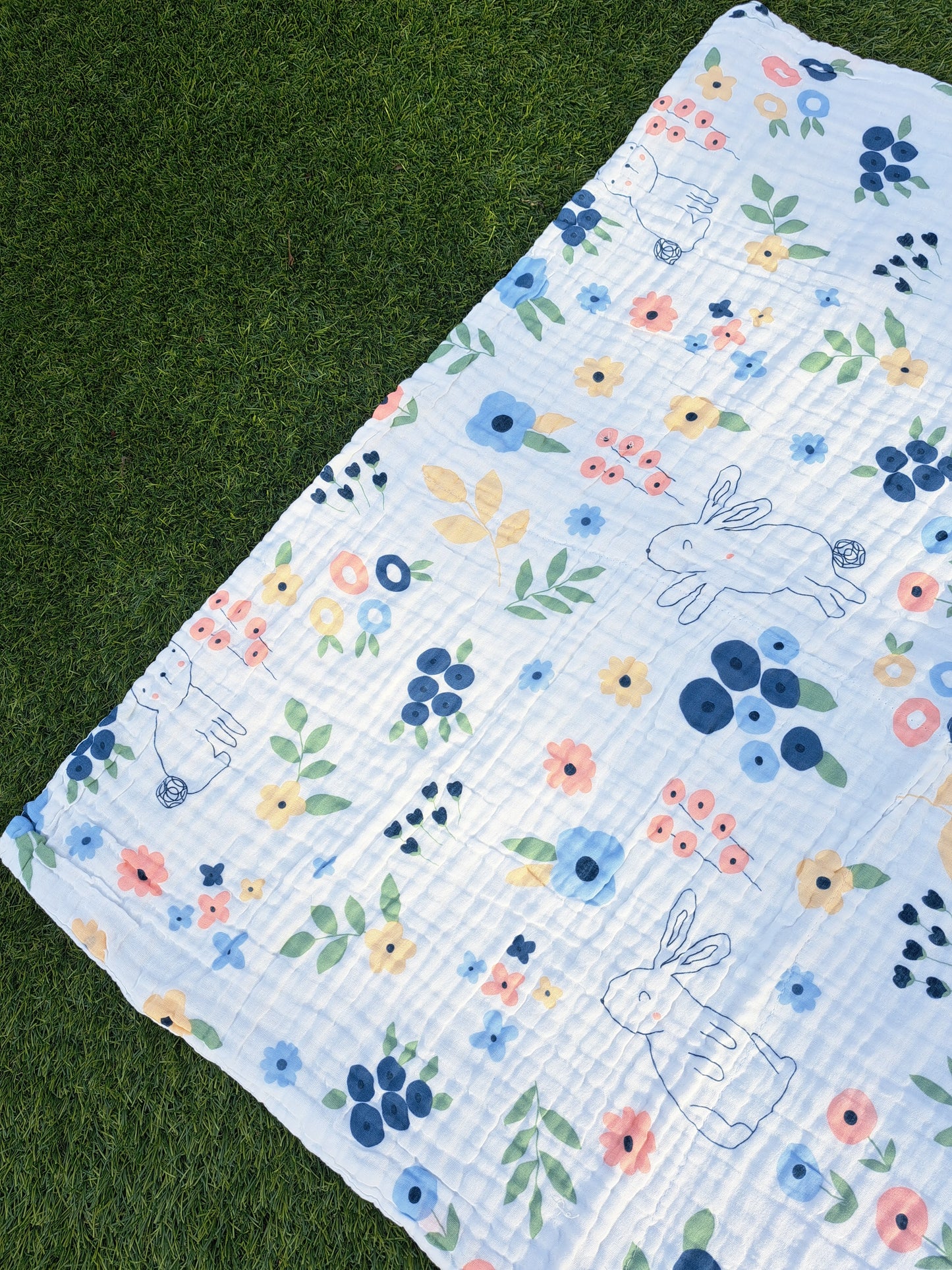 Rabbit Floral 4 Layer Muslin Pram Blanket