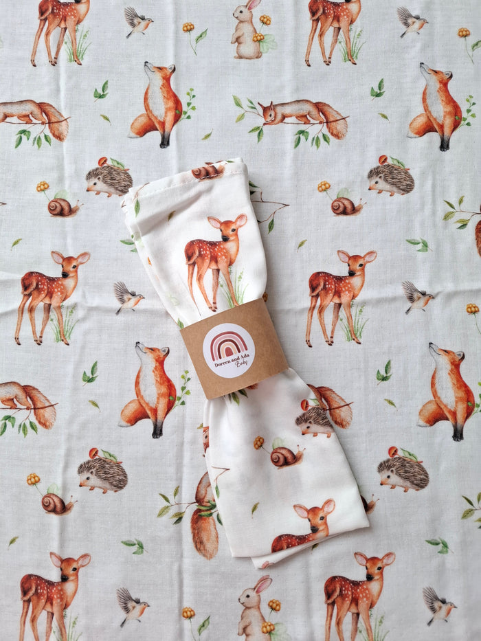 Little Forest Friends Muslin Square – soft cotton baby muslin with woodland animals including fox, deer, hedgehog and bunny print, 60x60cm