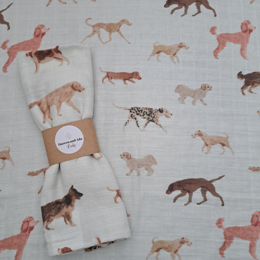 Dogs Galore Muslin Square or Swaddle by Doreen & Ada