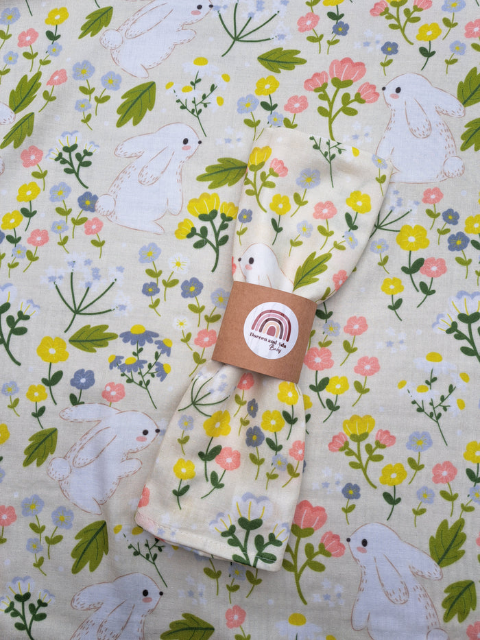 Rabbit and wildflower print organic cotton muslin square with bunny and meadow design
