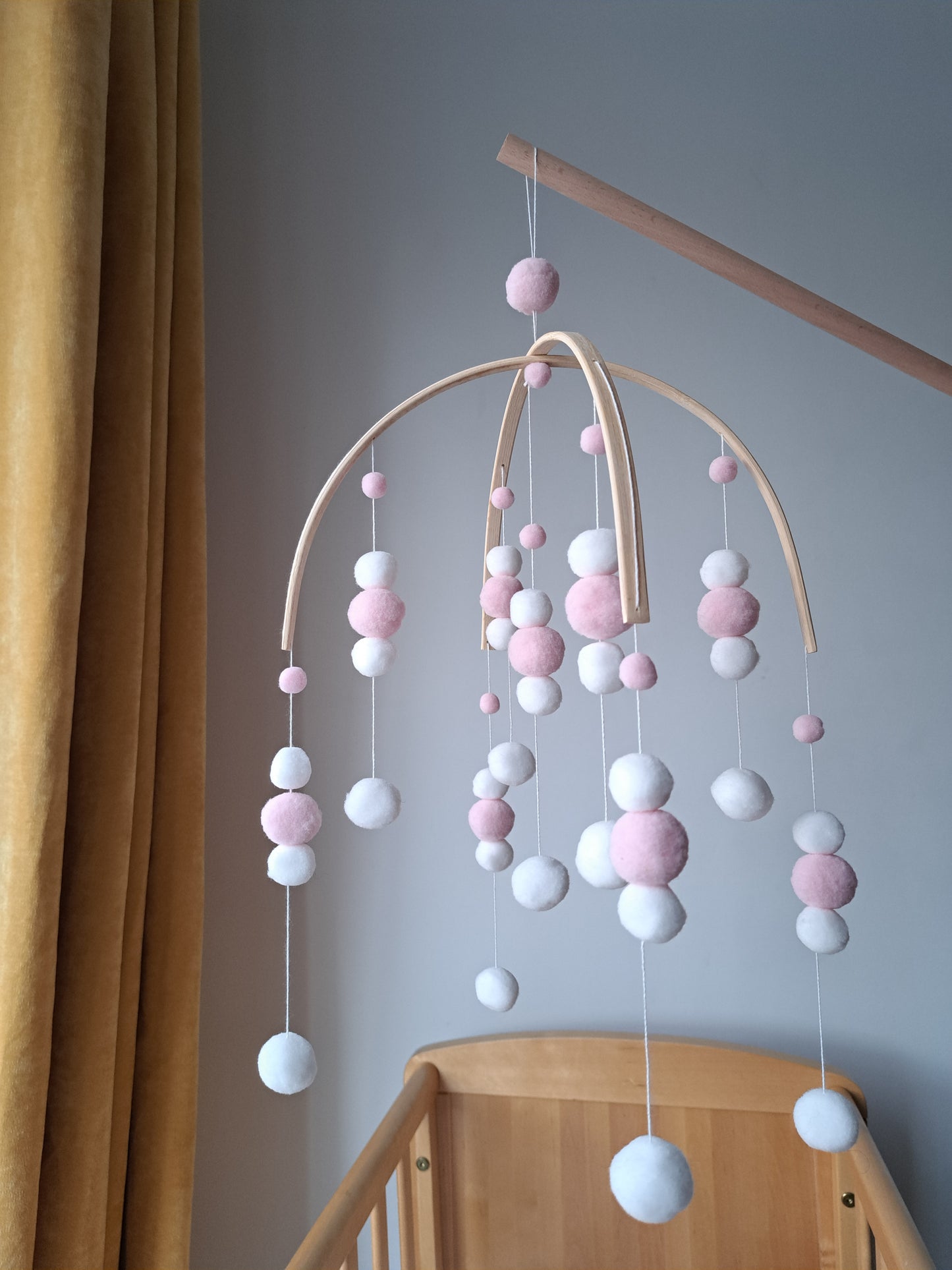 Pink and White Pom Pom Cot Mobile