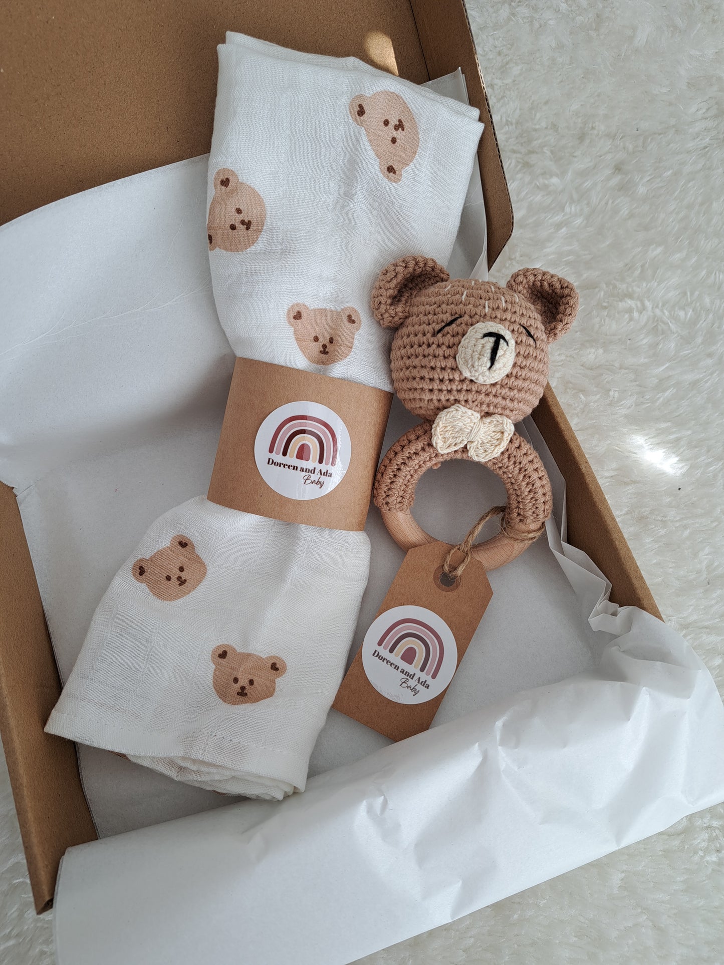 Teddy Bear Teether Rattle and Muslin Gift Set