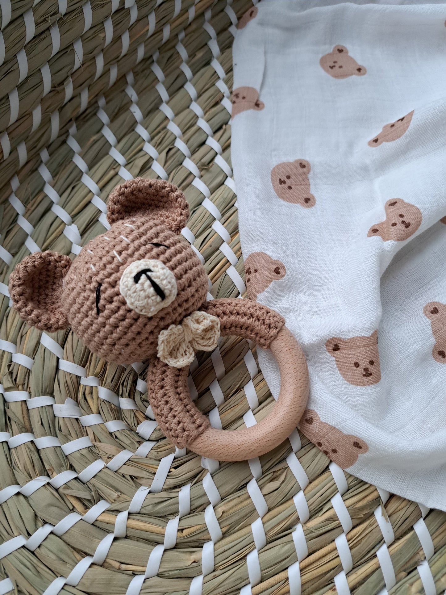 Teddy Bear Teether Rattle and Muslin Gift Set